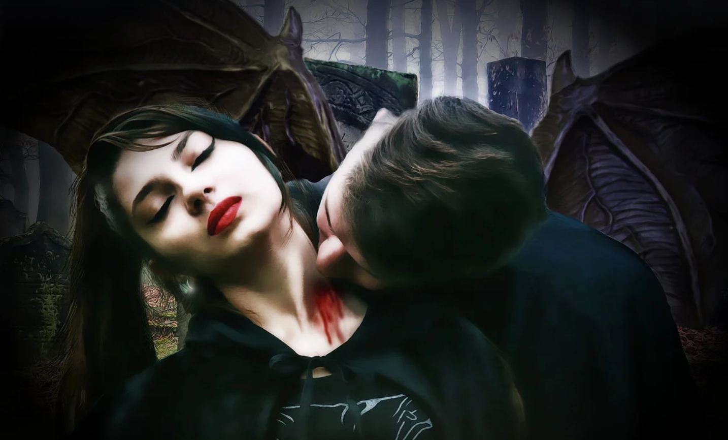 vampire biting woman's neck.